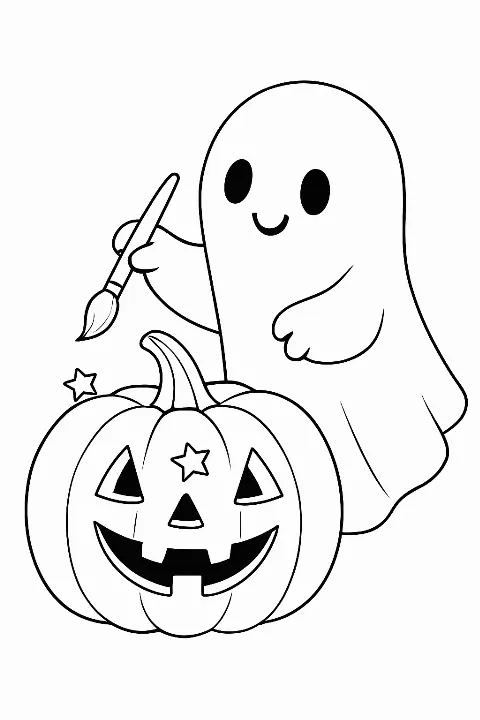 A friendly little ghost painting stars on a round pumpkin in this detailed ghost painting pumpkin coloring page.
