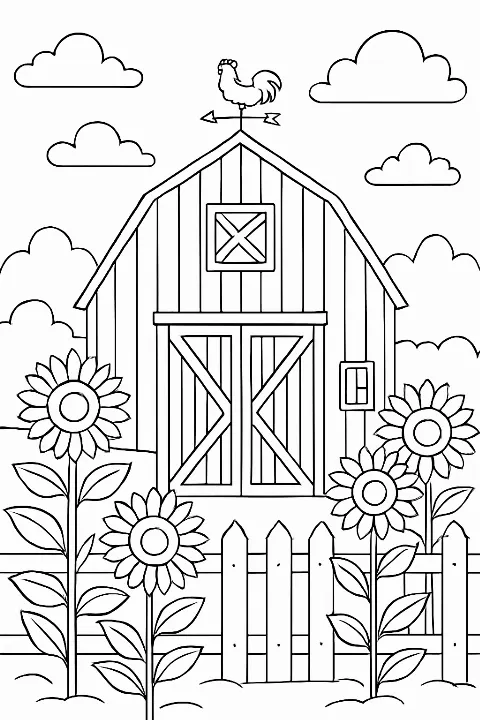 A detailed cozy country barn coloring page featuring flowers and a wooden fence.