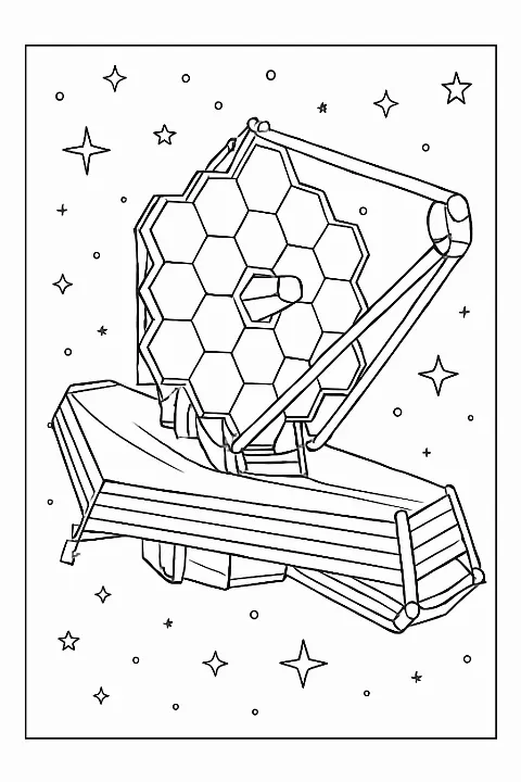 Detailed space telescope coloring page with golden mirrors and stars in deep space.