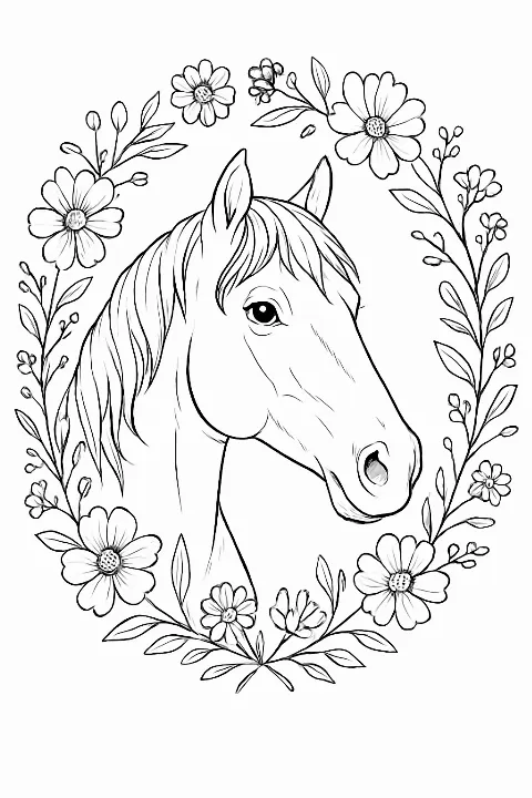 A detailed horse wreath coloring page featuring a realistic horse head surrounded by blooming garden flowers.