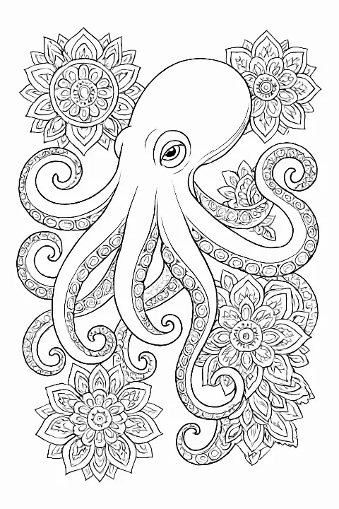 A highly detailed octopus coloring page featuring floral mandala patterns on its tentacles.