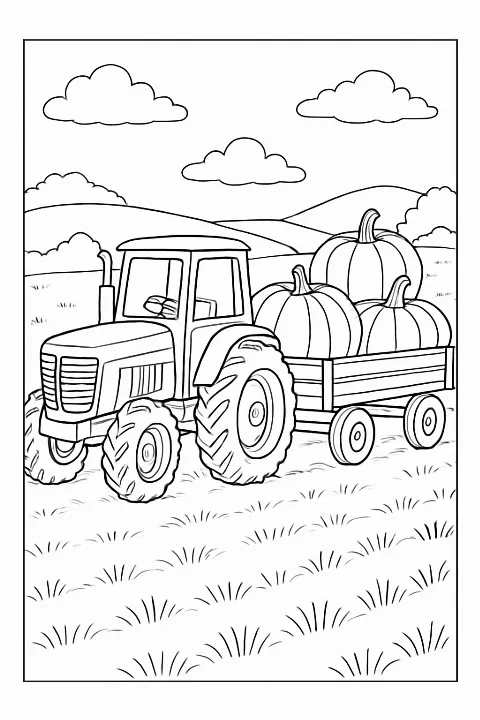 A detailed tractor pulling a wagon full of pumpkins in a field for a tractor pumpkin harvest coloring page.