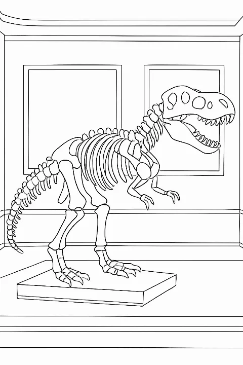 A large museum dinosaur skeleton coloring page with clean lines for kids and adults.