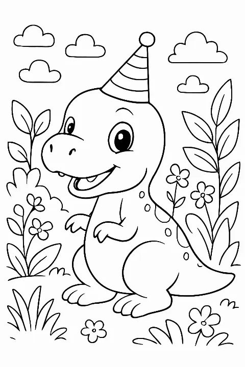 A happy baby dinosaur wearing a party hat in a garden on a printable baby dinosaur coloring page.