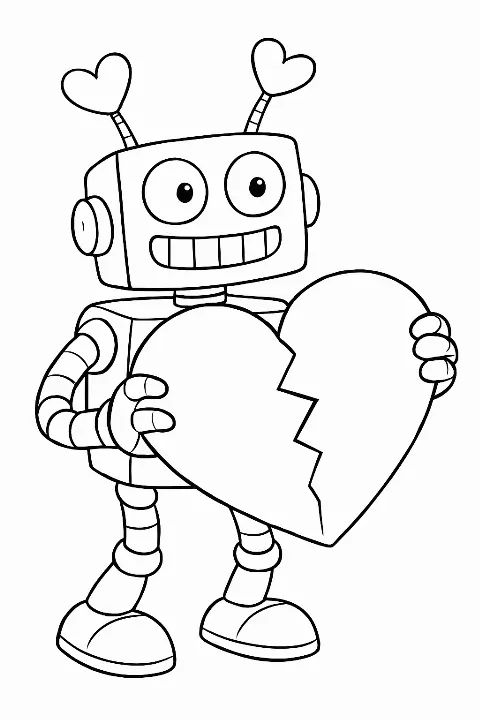 A cute robot with heart antennae on a robot valentine coloring page.