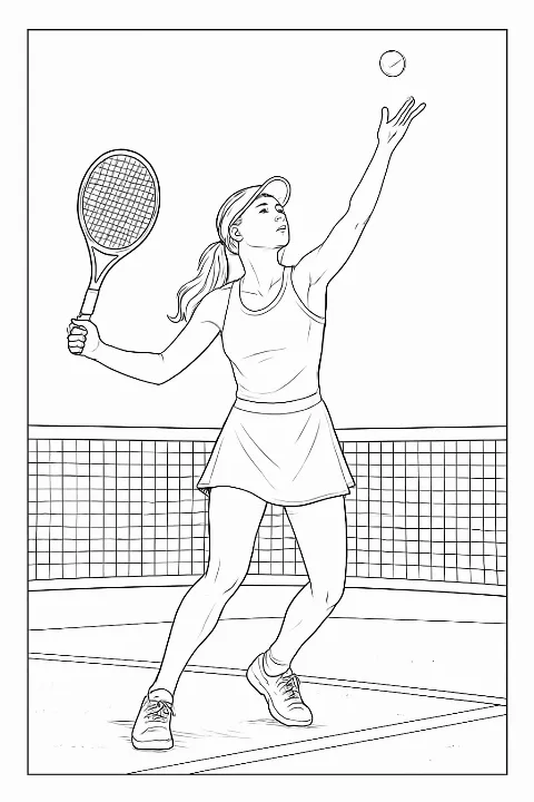A realistic tennis player serving the ball on a tennis court, perfect for a fun tennis coloring page.