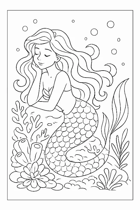 A peaceful mermaid sitting on a coral reef in a detailed mermaid fantasy coloring page.
