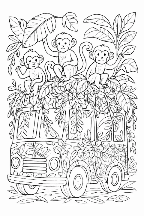 A detailed jungle safari bus coloring page featuring vines, flowers, and animals for a fun coloring experience.