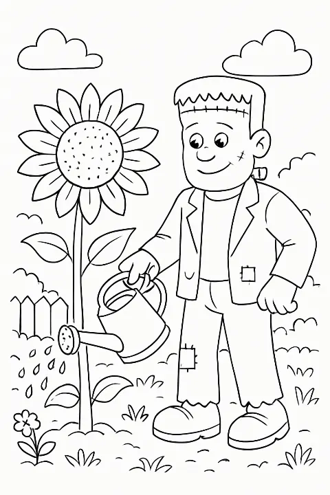 A friendly Frankenstein monster watering a sunflower in a garden-themed Frankenstein monster garden coloring page.