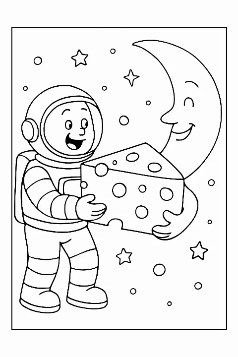 Whimsical moon coloring page featuring an astronaut sharing cheese with the moon.