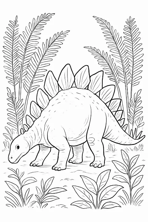 A detailed illustration of a Stegosaurus in a lush forest for a coloring page.