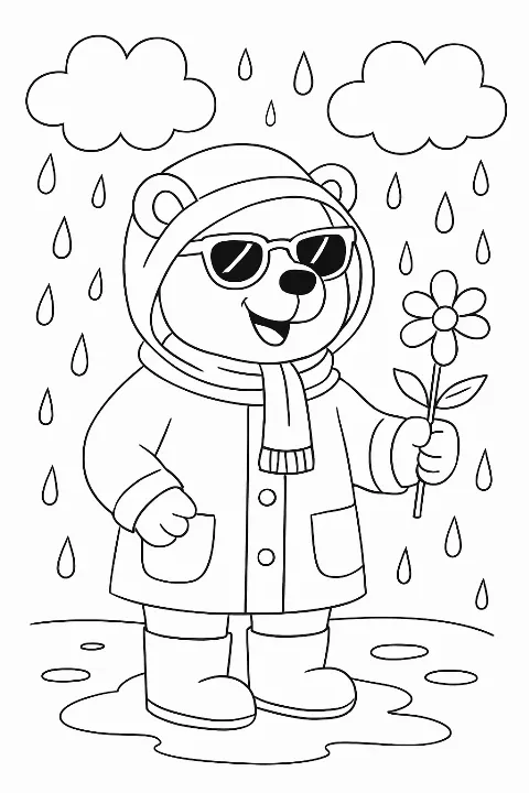 A whimsical bear wearing seasonal gear in a fun, detailed seasons coloring page.