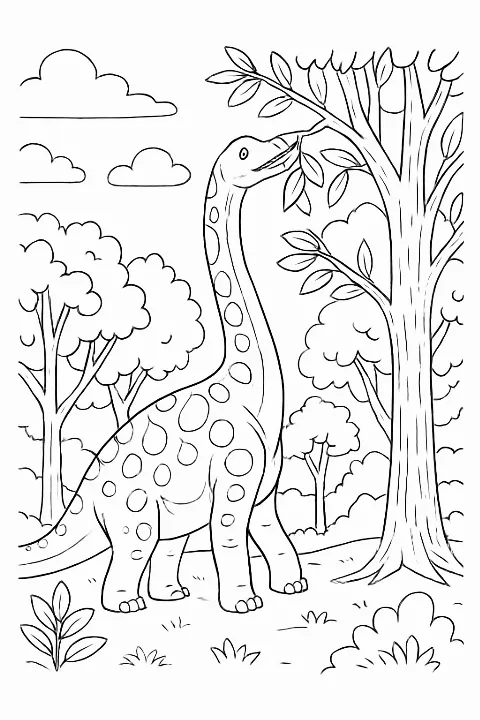 A friendly Brachiosaurus in a lush jungle on a Brachiosaurus forest coloring page.