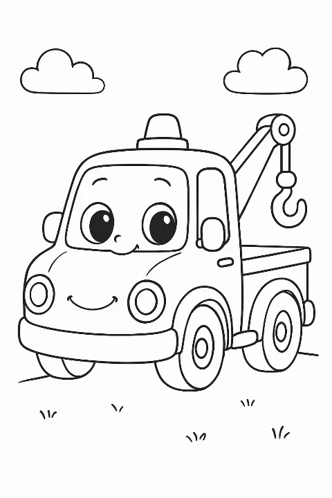 A cute cartoon tow truck with a friendly smile on a tow truck coloring page.