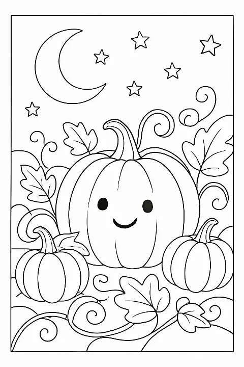 A charming pumpkin patch scene in a black and white pumpkin coloring page style.