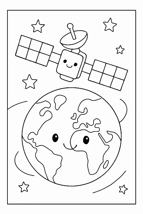 A cute satellite orbiting earth coloring page with thick, easy-to-color outlines for children and adults.