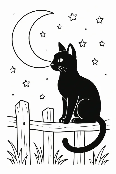 A cute black cat sitting on a fence under a large moon in this fun black cat in moonlight coloring page.