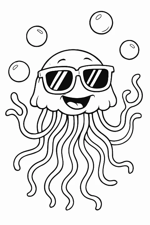 A cool jellyfish wearing sunglasses juggling bubbles on a fun jellyfish coloring page.