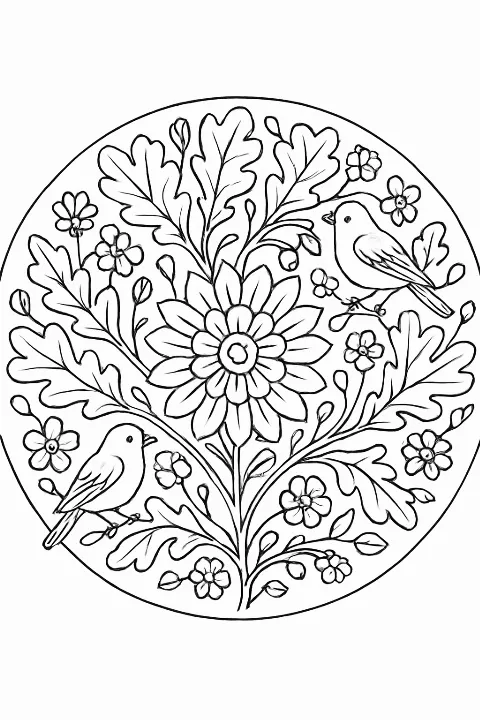 A detailed forest-themed mandala coloring page featuring leaves and flowers with clean black lines.