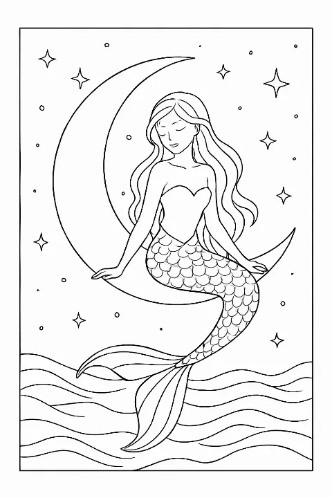 Beautiful mermaid sitting on a crescent moon in a night sky for a mermaid moonlight coloring page.