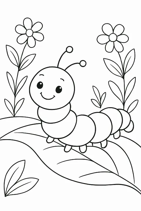 A friendly caterpillar on a leaf in this easy-to-color caterpillar coloring page.
