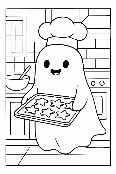 A happy ghost wearing a chef hat holding star cookies on a ghost baking cookies coloring page.