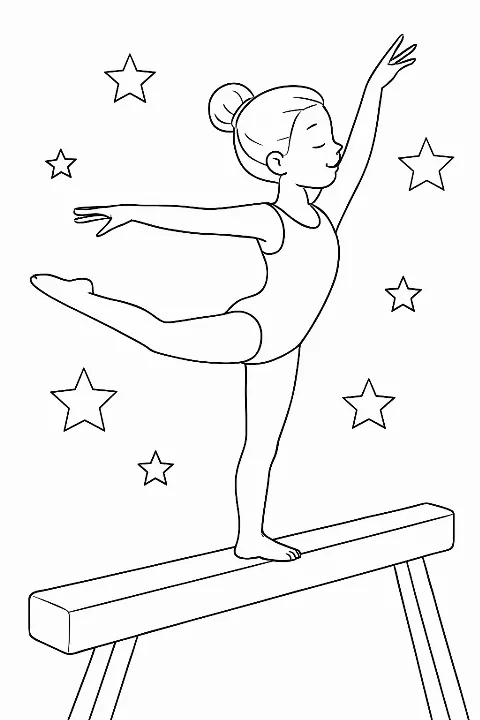 A graceful gymnast performing on a balance beam in this detailed balance beam gymnastics coloring page.