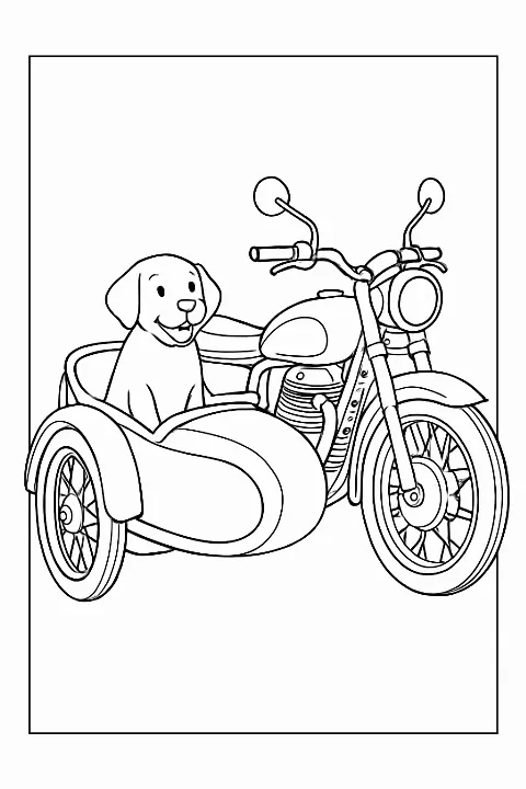 Vintage motorcycle coloring page featuring a cool bike with a sidecar and a happy dog.