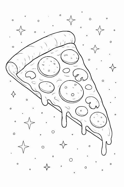 Detailed floating pizza slice coloring page with stars and cosmic bubbles.