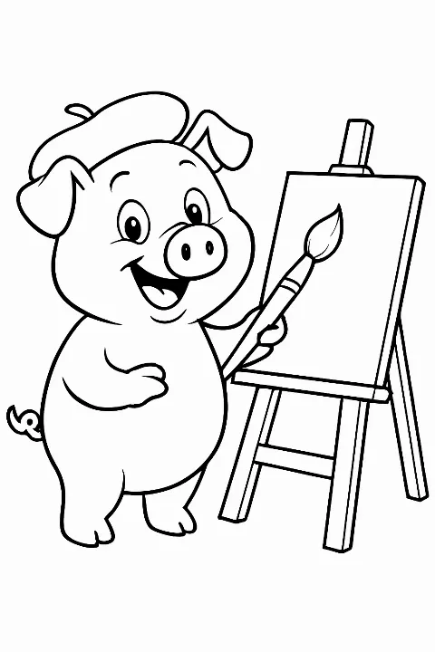 A happy pig wearing a beret and painting on an easel in this pig artist coloring page.