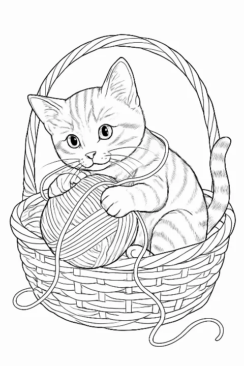 A realistic kitten sitting in a basket tangled in soft yarn, featured on a cat playing with yarn coloring page.