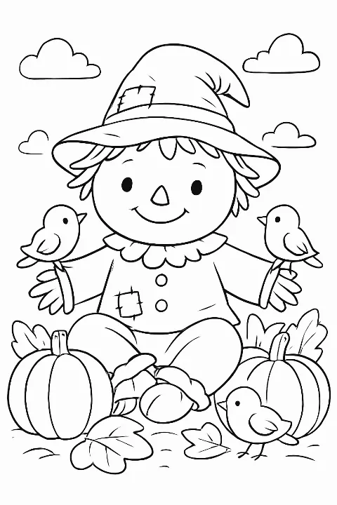 A friendly scarecrow surrounded by smiling pumpkins in this cute scarecrow coloring page.