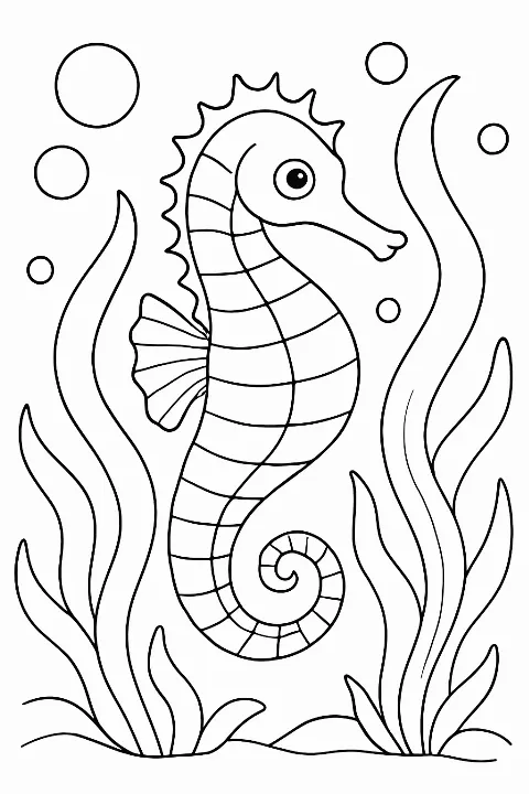 A friendly seahorse surrounded by simple seaweed and bubbles in a seahorse coloring page.