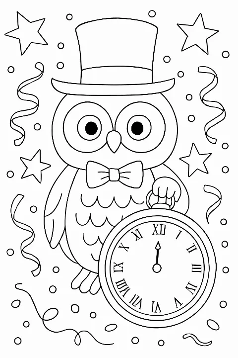 Cute owl in a party hat on a fun new year coloring page with stars and confetti.