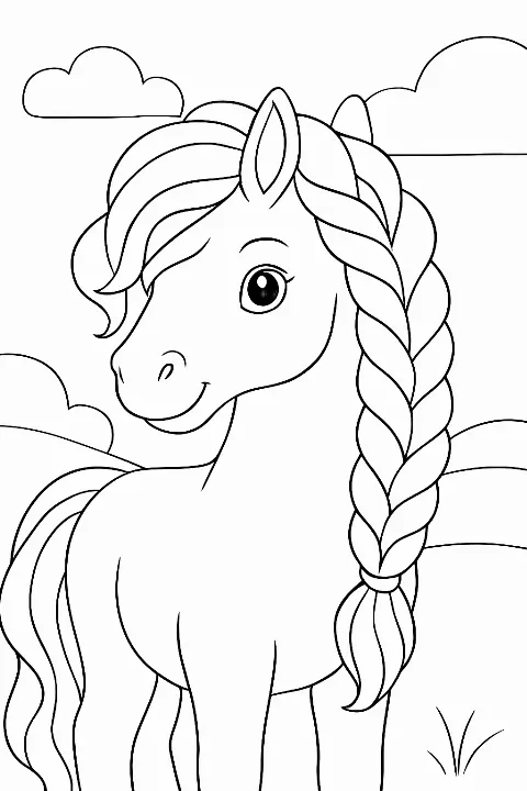 A artistic braided mane pony coloring page with bold lines and open spaces.