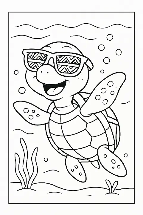 A smiling sea turtle with a patterned shell on this fun tribal turtle coloring page.