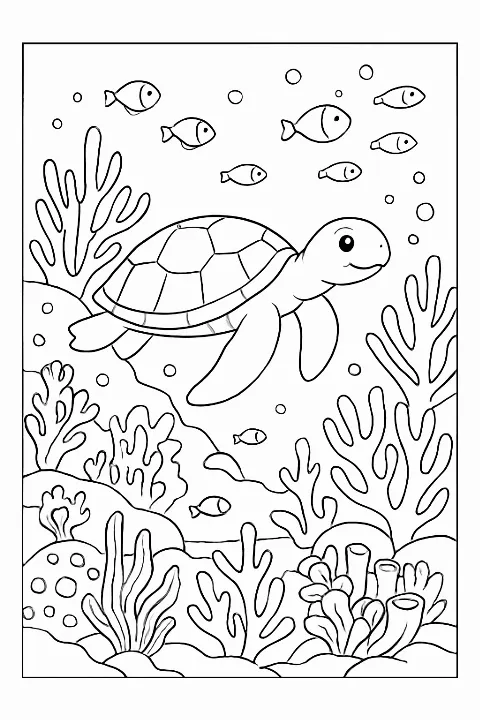 A detailed coral reef coloring page featuring a sea turtle and tropical fish swimming among coral formations.