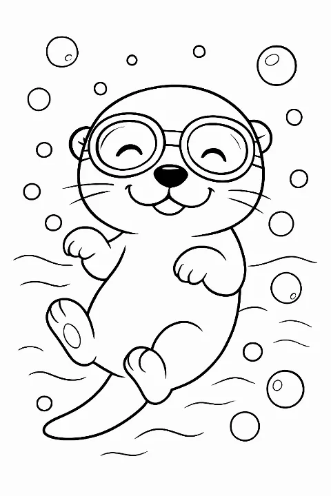 A cute otter wearing goggles on an otter swimming coloring page with bubbles.