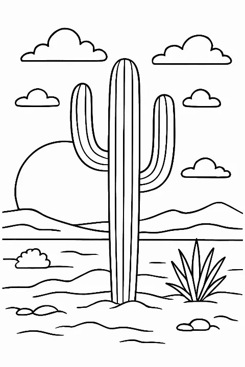 A peaceful desert sunset coloring page featuring a tall cactus and a large sun.