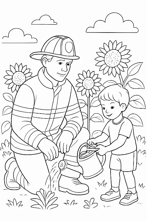 A friendly firefighter watering flowers with a child, featured in a beautiful firefighter community garden coloring page.