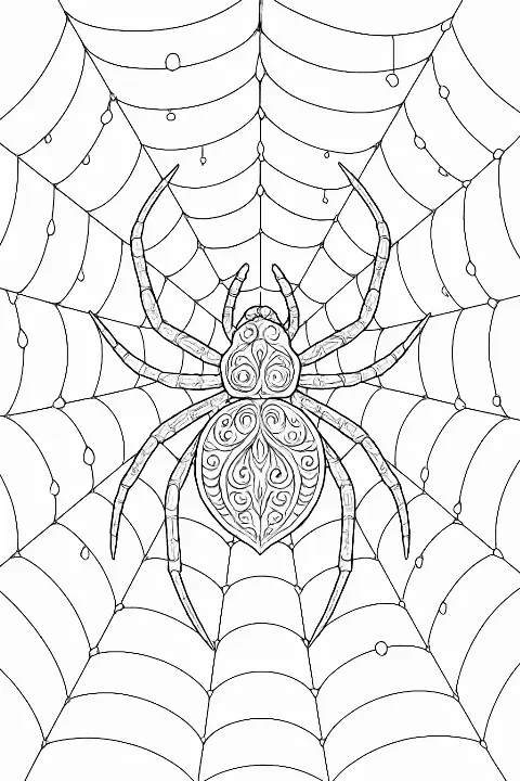 Detailed ornate orb weaver coloring page featuring an intricate web design for adults and kids.