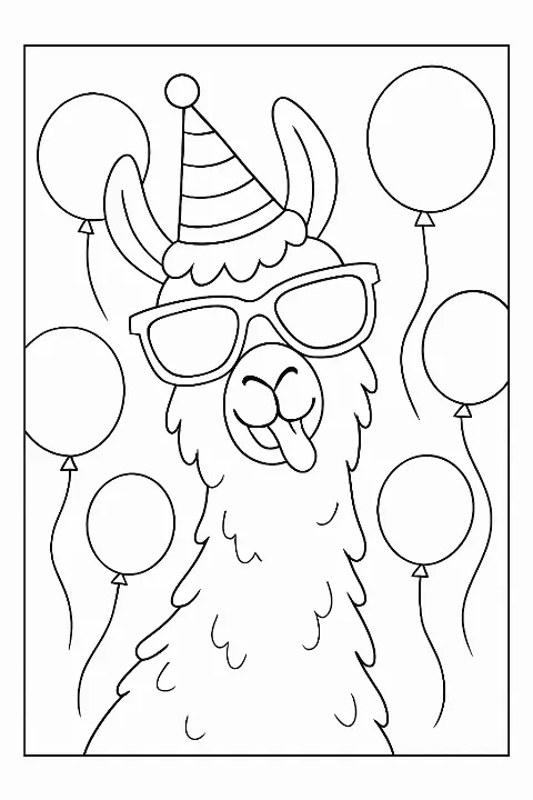 A funny llama wearing a party hat on a birthday llama coloring page with balloons.