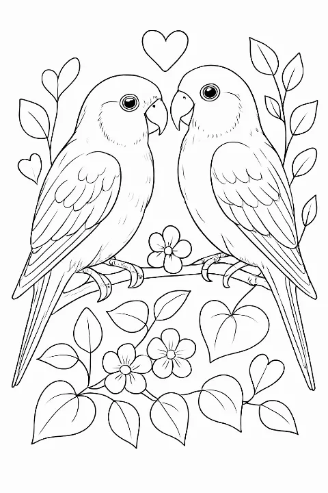 Two realistic love birds sitting on a heart-adorned branch in a detailed love birds coloring page.