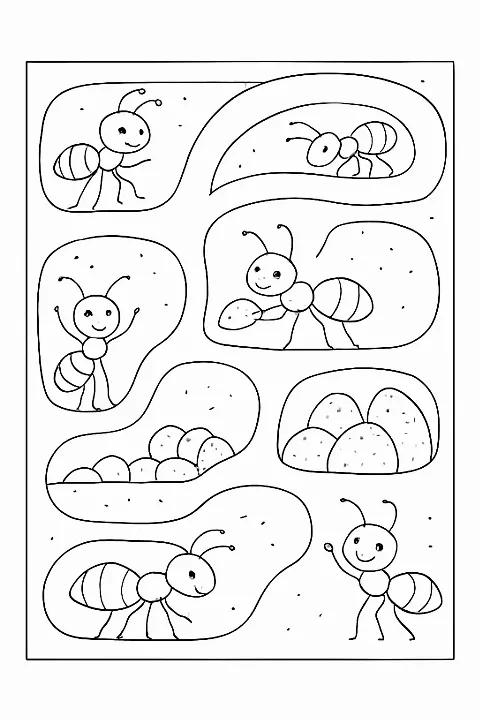 A detailed ant colony coloring page featuring tunnels and cute ants to color.