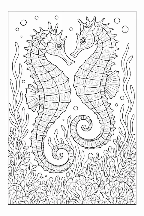 Highly detailed seahorse coloring page with intricate coral reef patterns and floating bubbles.