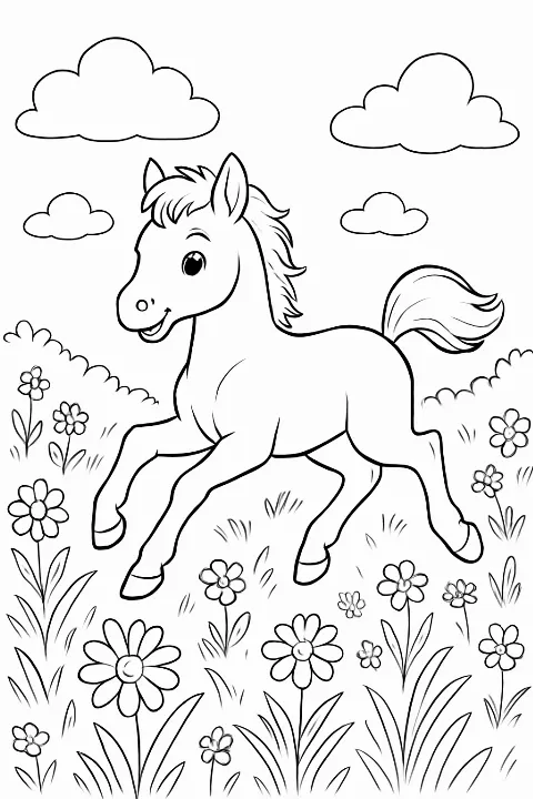A realistic foal in a meadow coloring page featuring clean outlines and floral details.