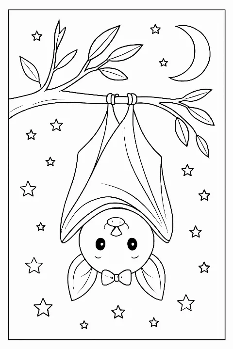 A friendly hanging bat wearing a bowtie in a detailed hanging bat coloring page.