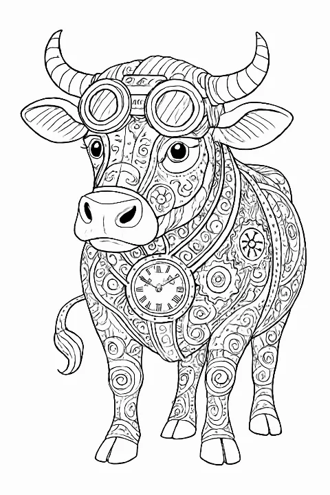 A highly detailed steampunk cow coloring page featuring mechanical gears and intricate patterns.