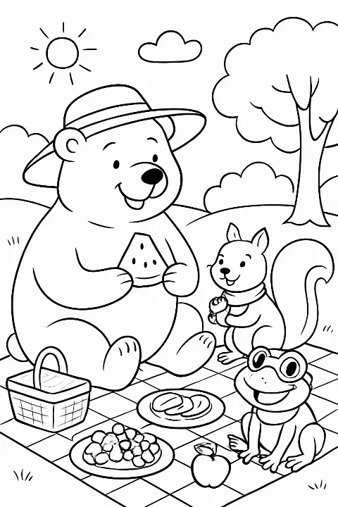 A group of funny animals enjoying a picnic as a seasons animal picnic coloring page with thick, clear outlines.