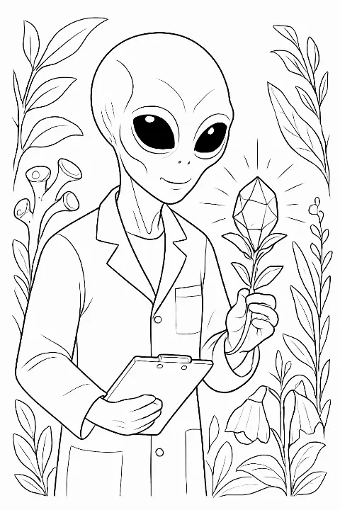 A friendly alien botanist studying glowing space flowers on an alien botanist coloring page.